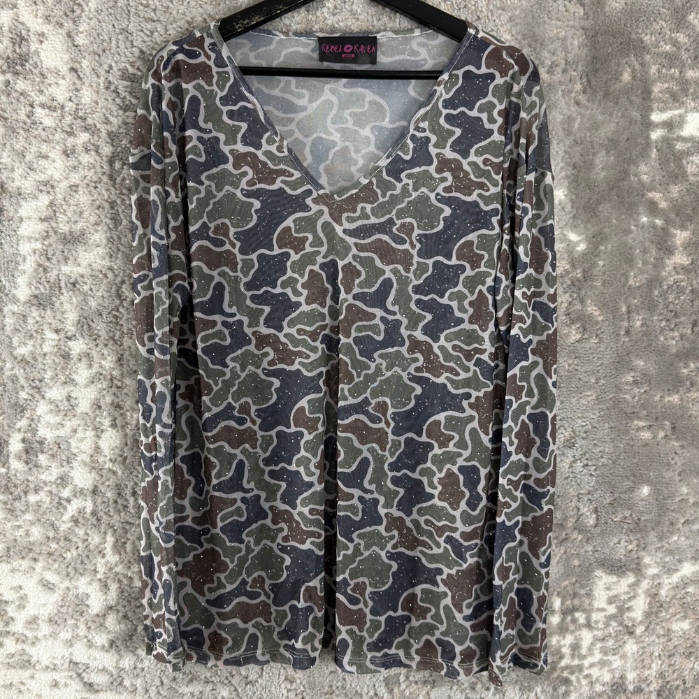 Rebel Raven‎ Size Large Camo Rhinestone Mesh V-Neck Top Multicolor Long Sleeve
